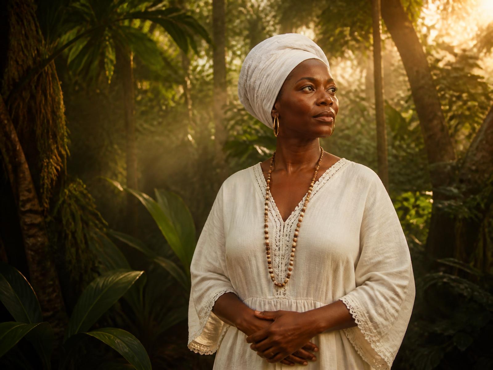 Afro-descendant woman in a Caribbean forest at golden hour
